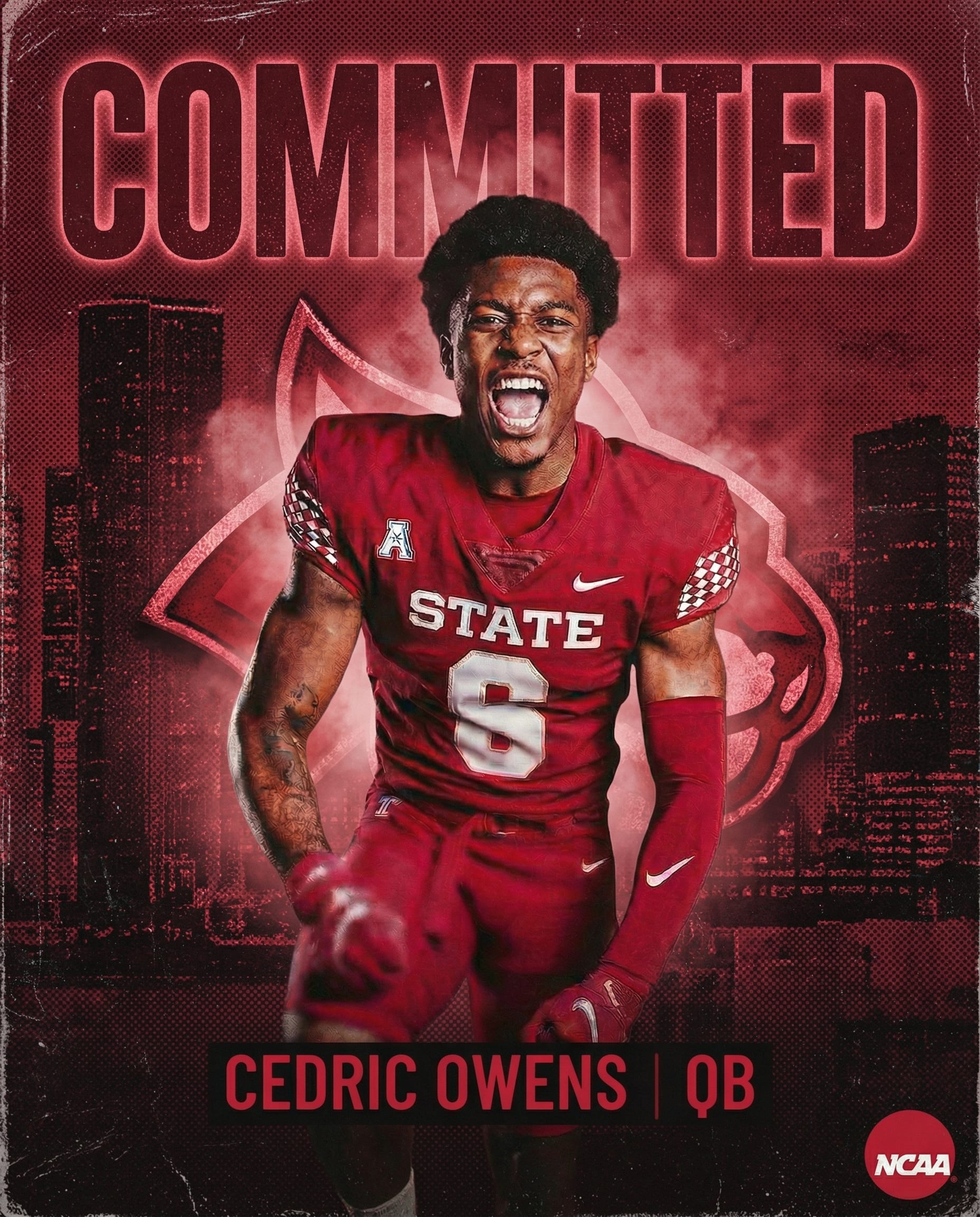 College football commitment graphic featuring quarterback Cedric Owens wearing a red jersey (#6). He's shown in an intense celebratory pose with fists clenched, against a dramatic red-toned background with a red Wolves logo, city skyline silhouette, and smoke effects. "COMMITTED" appears in large block letters at the top, with "CEDRIC OWENS | QB" at the bottom and an NCAA logo in the corner.